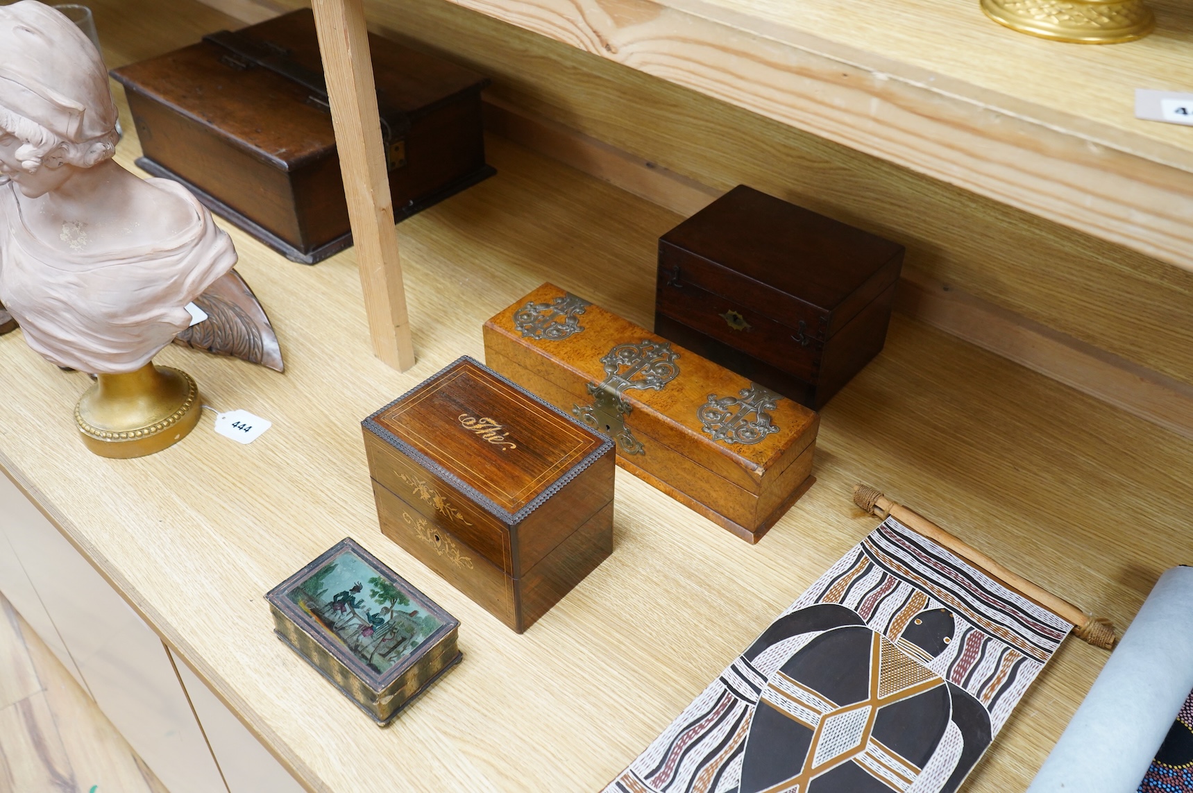 Four boxes to include a burr elm bound example, together with a French inlaid ‘Thé’ caddy with porcelain canisters, largest 32cm wide